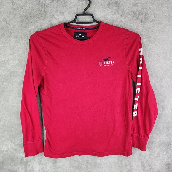 Mens Red Hollister California Shirt Long Crew Neck Long Sleeve 100% Cotton M - Picture 2 of 9